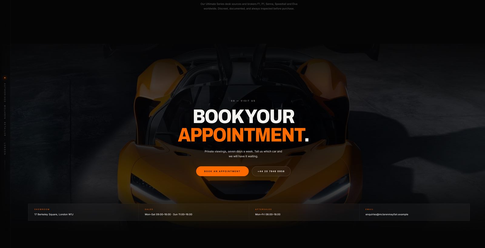 Closing appointment call to action above a footer bar with showroom and contact details