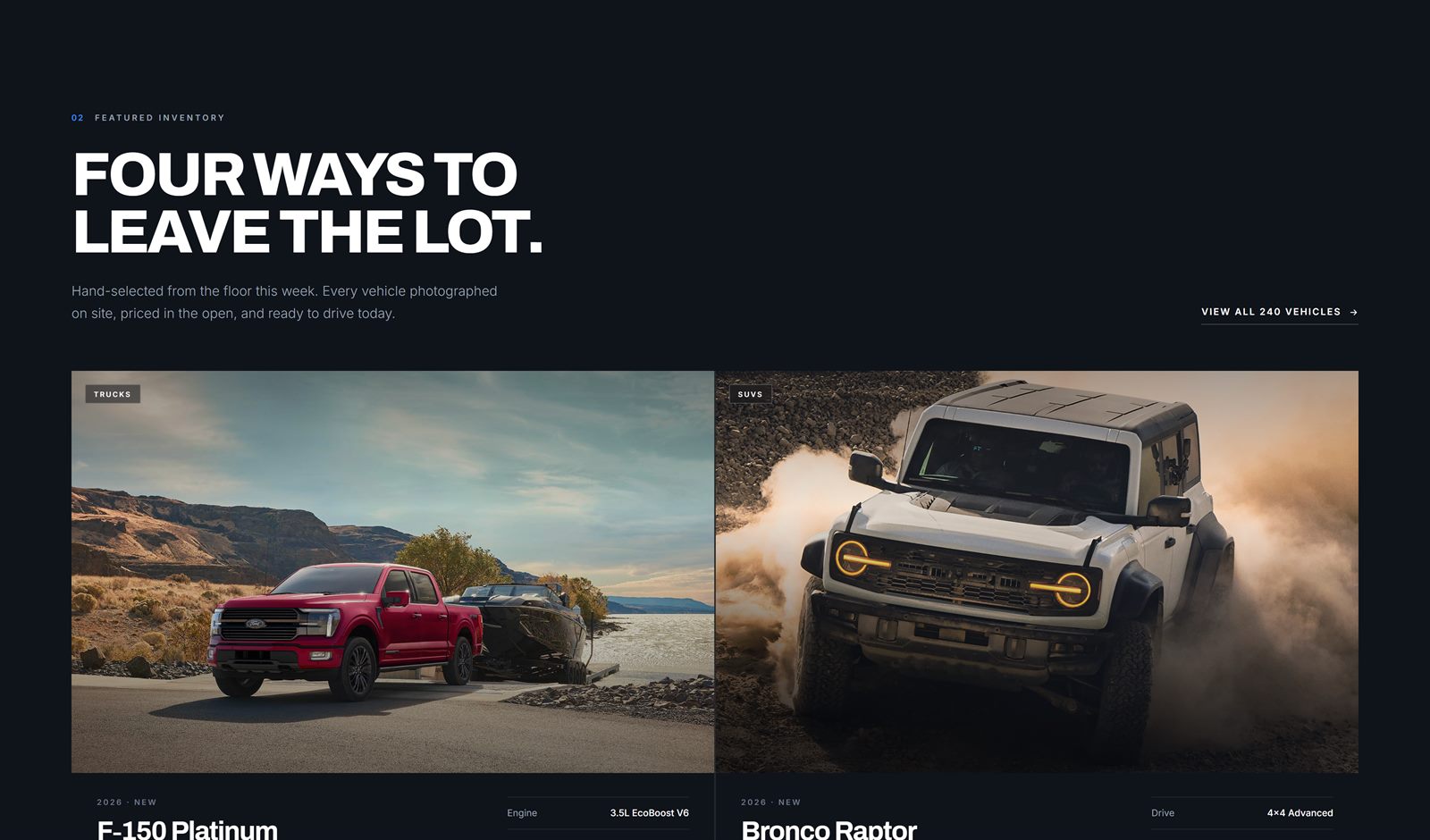 Featured inventory section with F-150 Platinum and Bronco Raptor cards
