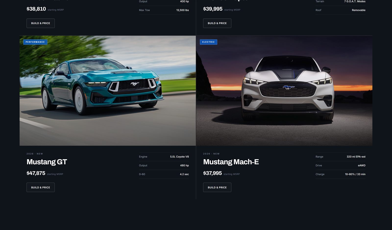 Inventory cards for Mustang GT and Mustang Mach-E showing specs and pricing