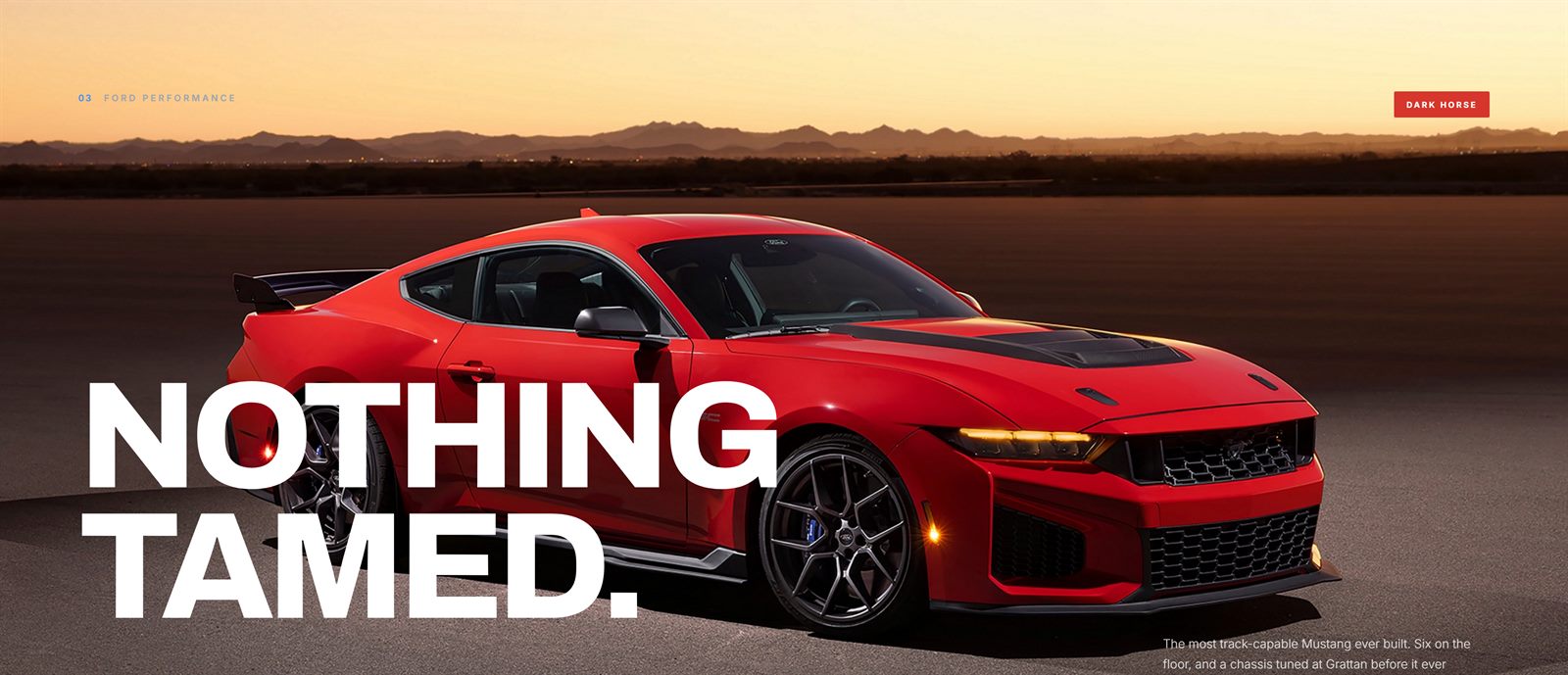 Full-width performance section headed Nothing Tamed with a red Mustang Dark Horse