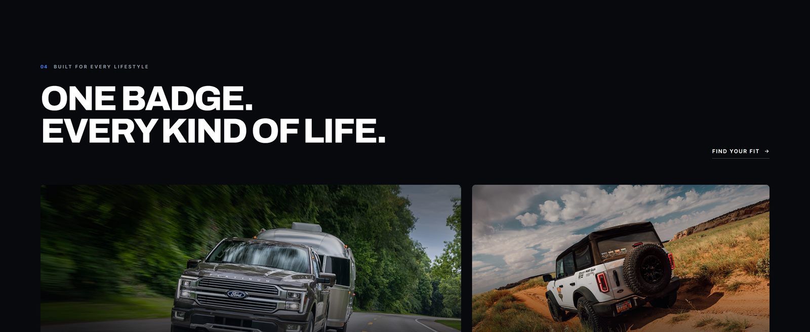 Lifestyle section headed One Badge, Every Kind Of Life with towing and off-road photography