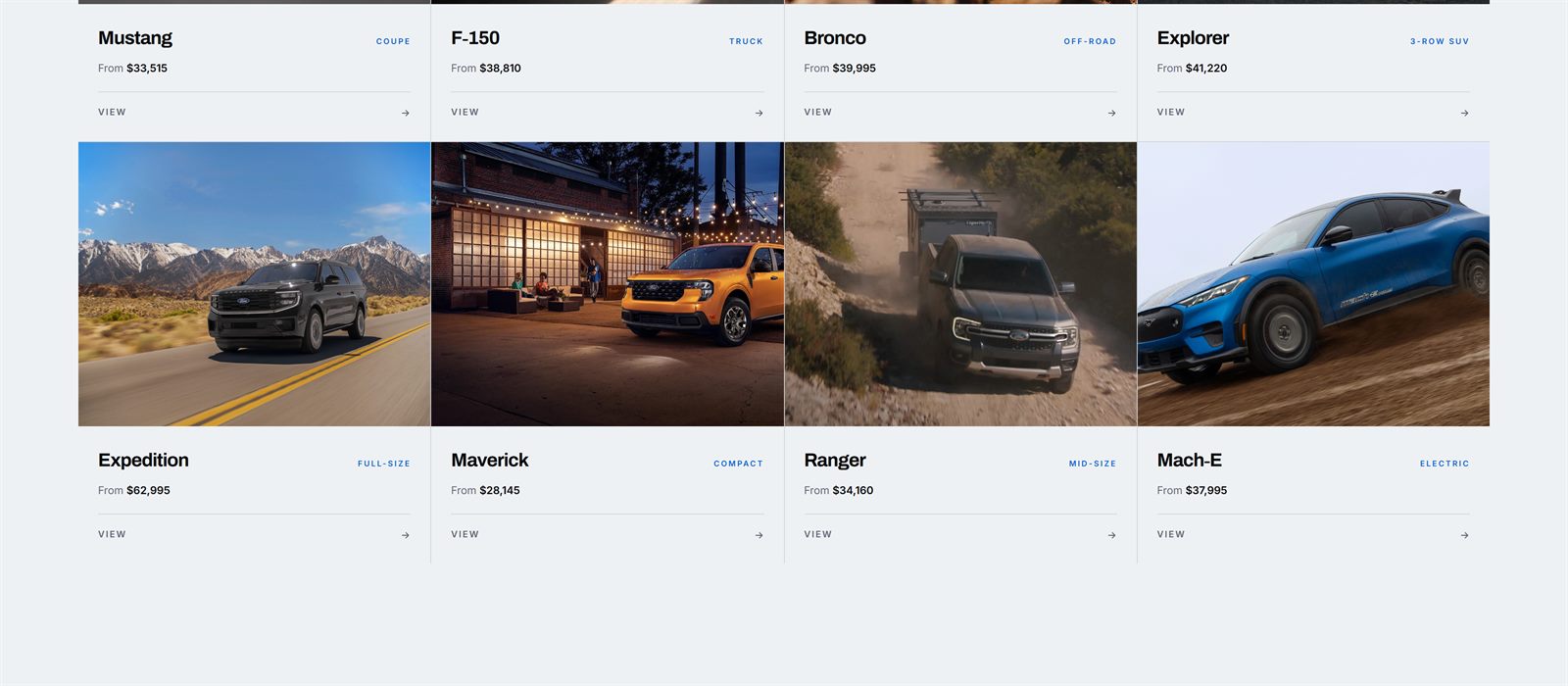Grid of eight Ford models with body styles and starting prices
