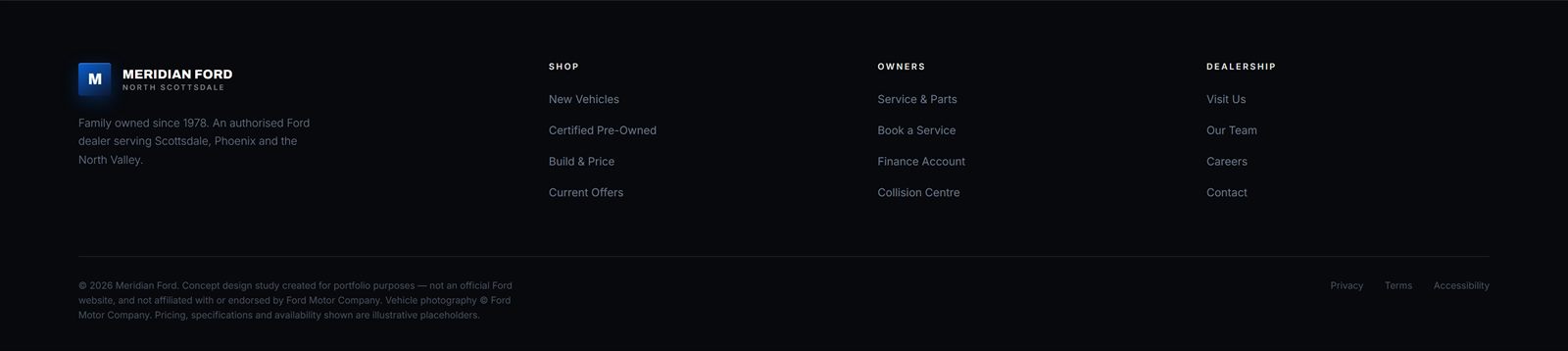 Site footer with shop, owners and dealership link columns and a concept-study disclaimer