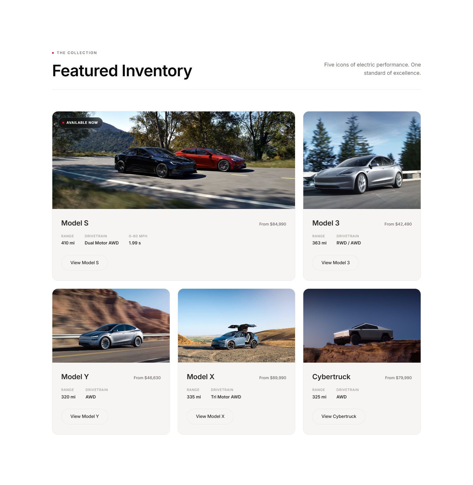 Featured inventory grid of Model S, 3, Y, X and Cybertruck with range and pricing