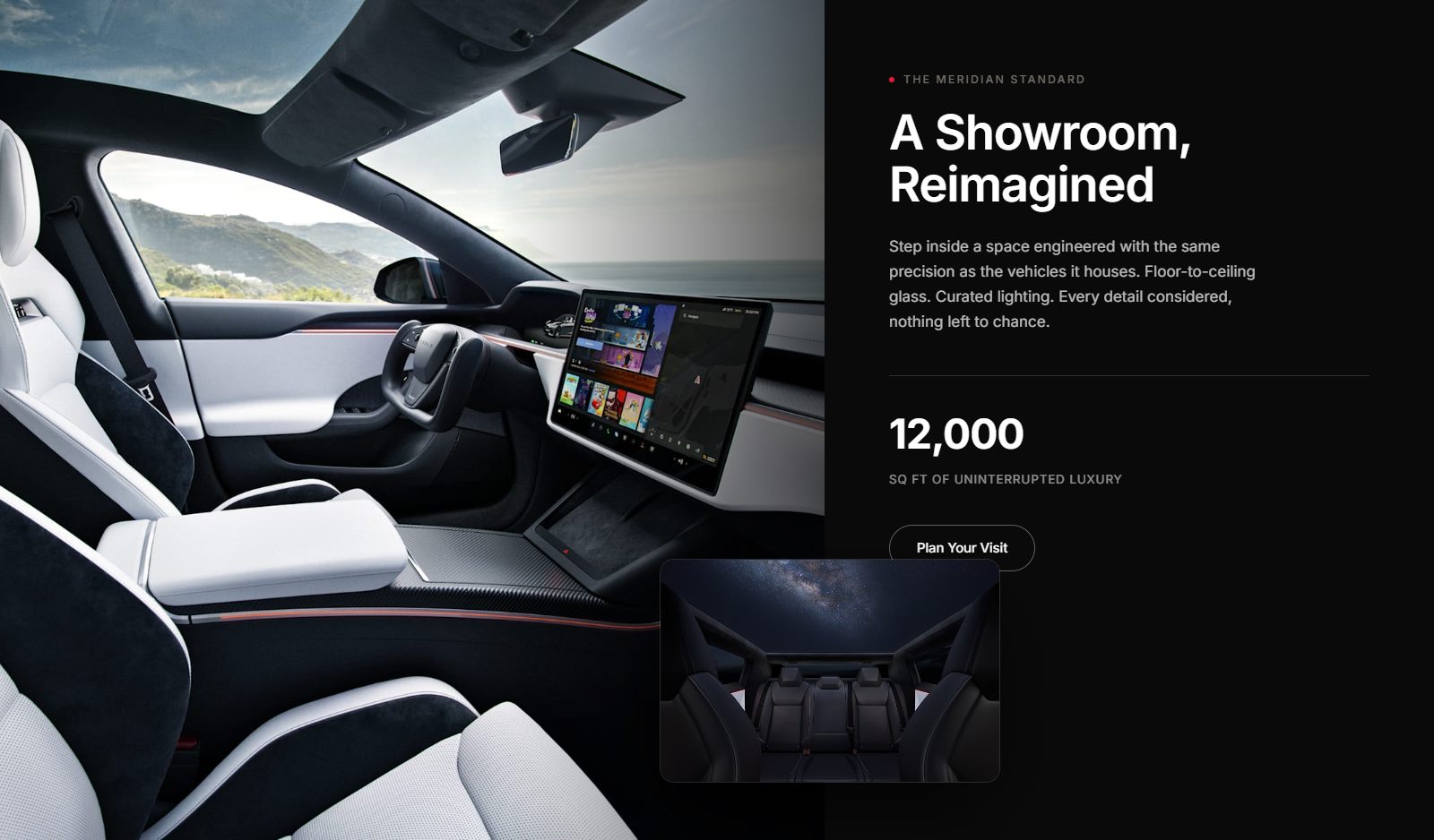 Showroom section headed A Showroom, Reimagined with Model S interior photography