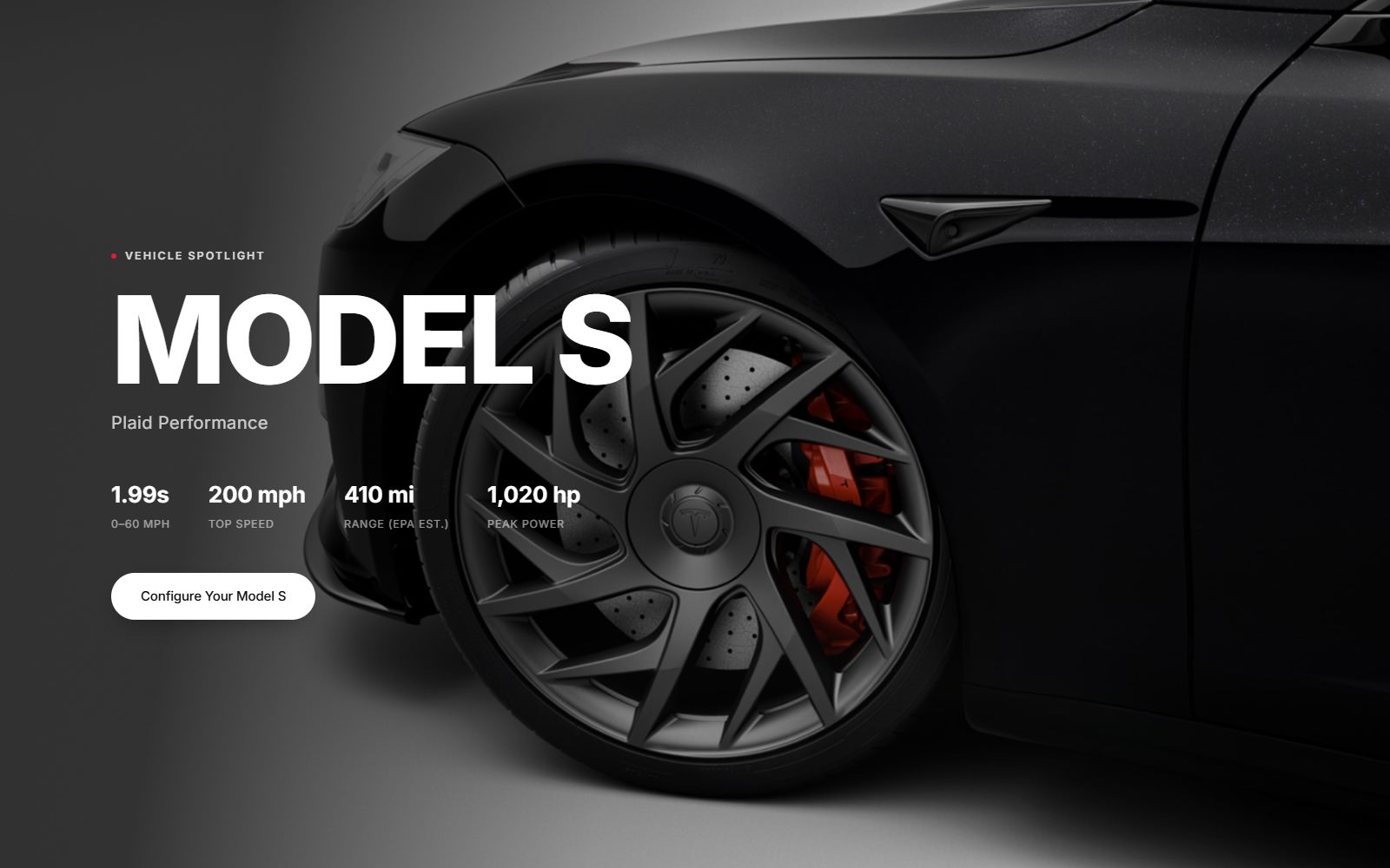 Model S Plaid spotlight with performance figures over a wheel close-up