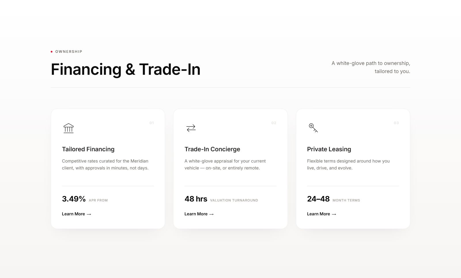 Ownership section with tailored financing, trade-in concierge and private leasing cards